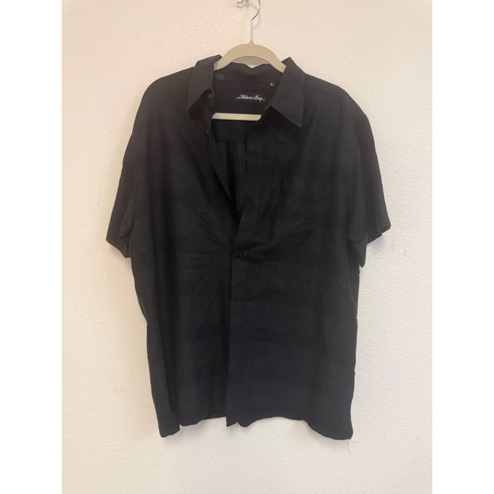 Milano Bay Mens XL Short Sleeve Button Down Shirt Black Tonal Plaid Rayon Blend
